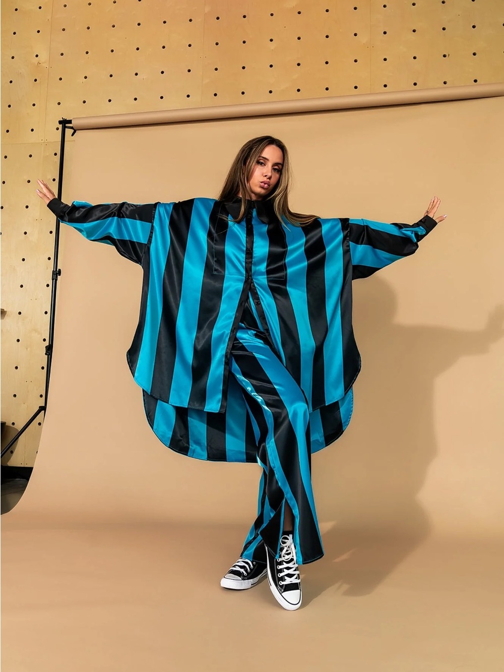 Dressed in LALA Blue and Black Wide-Leg Satin Pants & Matching Oversized Top